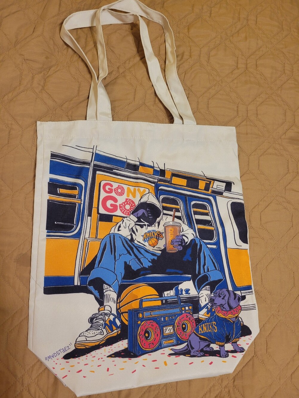 Dunkin NY Knicks Tote Bag with Blue and Yellow Graphic Print